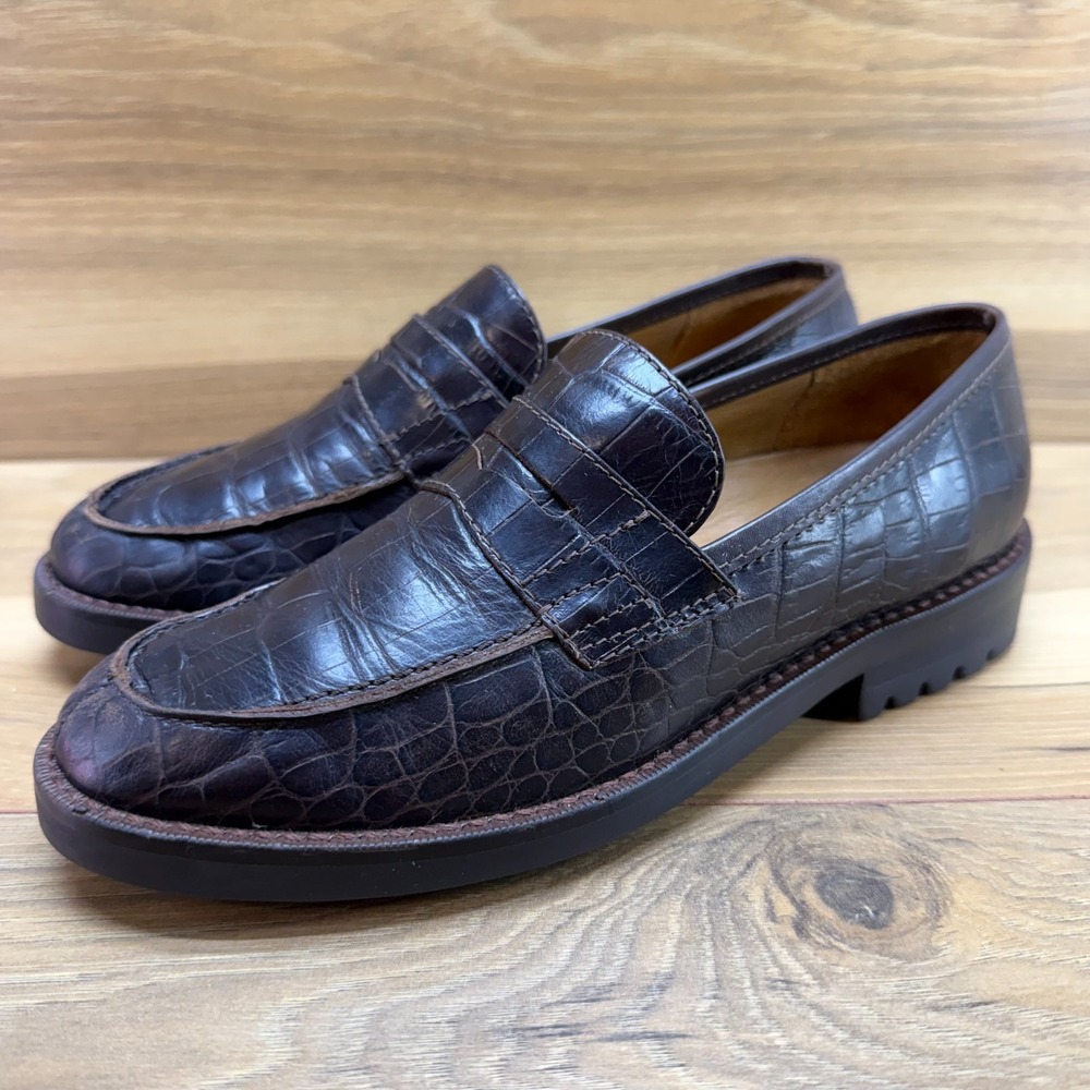Ralph Lauren Vintage Penny Loafers Croc Womens 5.5 B Dark Brown Leather Lug Sole - Picture 3 of 11